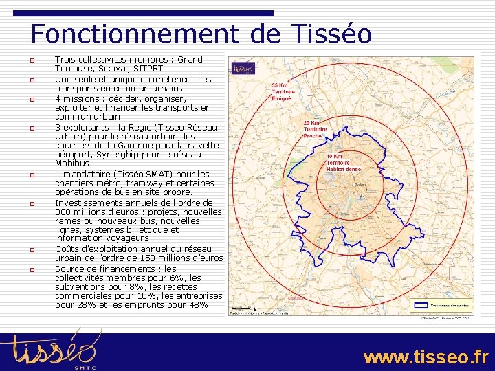 Fonctionnement de Tisséo o o o o Trois collectivités membres : Grand Toulouse, Sicoval,