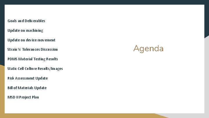 Goals and Deliverables Update on machining Update on device movement Strain % Tolerances Discussion