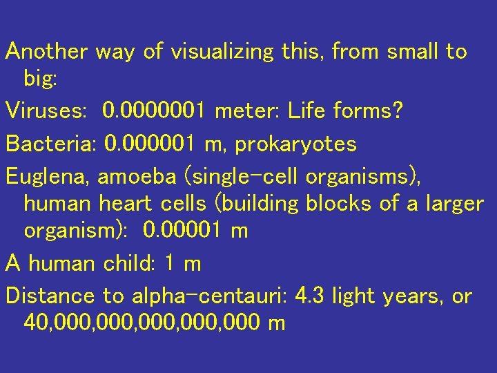 Another way of visualizing this, from small to big: Viruses: 0. 0000001 meter: Life