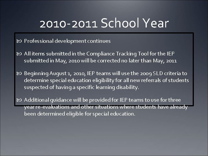 2010 -2011 School Year Professional development continues All items submitted in the Compliance Tracking