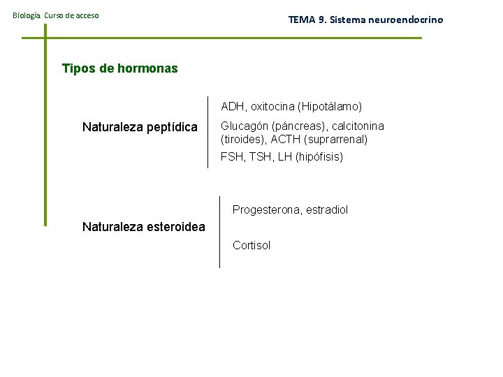 Biología. Curso de acceso TEMA 9. Sistema neuroendocrino Tipos de hormonas ADH, oxitocina (Hipotálamo)