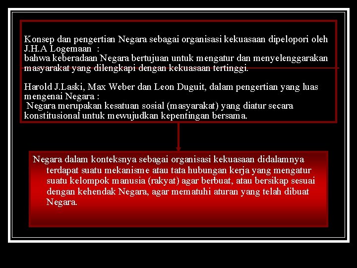 Konsep dan pengertian Negara sebagai organisasi kekuasaan dipelopori oleh J. H. A Logemaan :