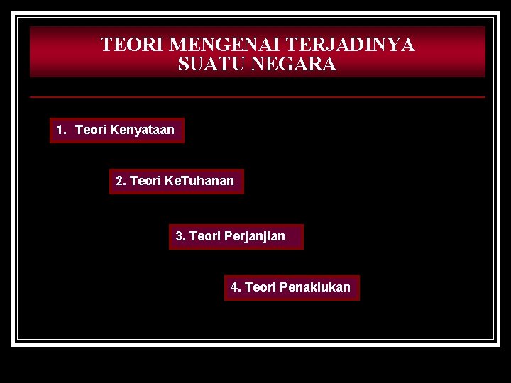 TEORI MENGENAI TERJADINYA SUATU NEGARA 1. Teori Kenyataan 2. Teori Ke. Tuhanan 3. Teori
