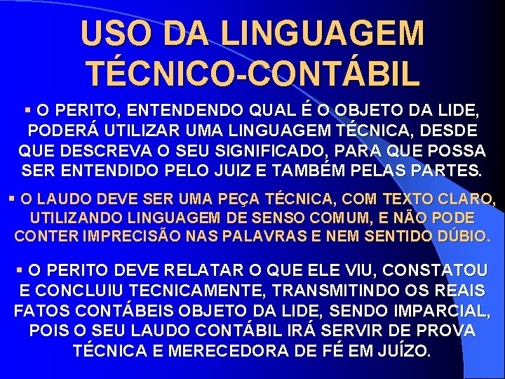 USO DA LINGUAGEM TÉCNICO-CONTÁBIL § O PERITO, ENTENDENDO QUAL É O OBJETO DA LIDE,