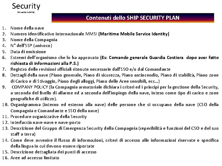 Security (Sicurezza Pubblica) Contenuti dello SHIP SECURITY PLAN 1. 2. 3. 4. 5. 6.