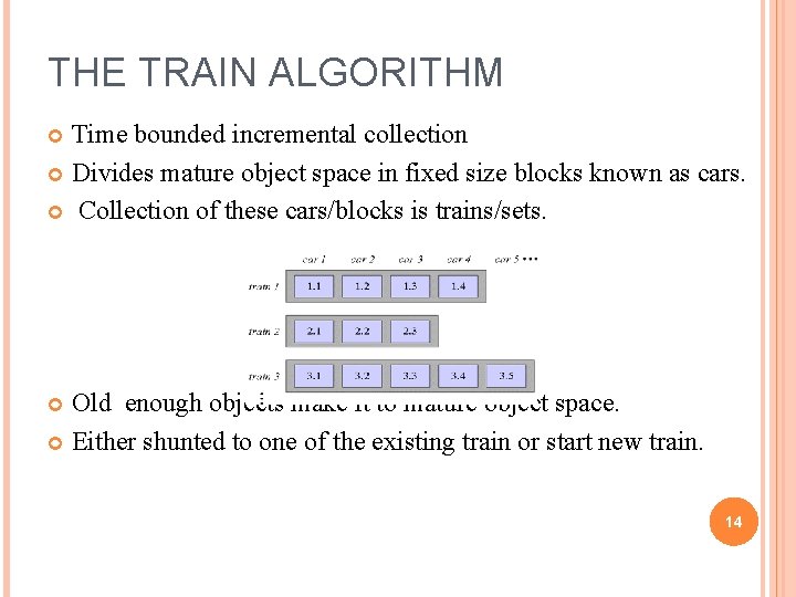 THE TRAIN ALGORITHM Time bounded incremental collection Divides mature object space in fixed size