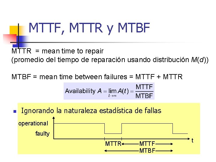 MTTF, MTTR y MTBF MTTR = mean time to repair (promedio del tiempo de