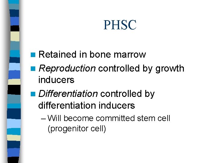 PHSC n Retained in bone marrow n Reproduction controlled by growth inducers n Differentiation