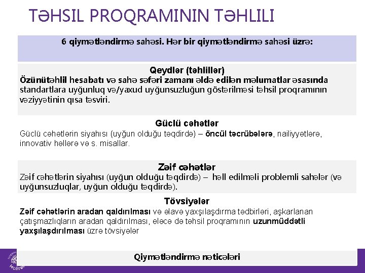 TƏHSIL PROQRAMININ TƏHLILI 6 qiymətləndirmə sahəsi. Hər bir qiymətləndirmə sahəsi üzrə: Qeydlər (təhlillər) Özünütəhlil