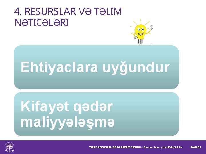 4. RESURSLAR VƏ TƏLIM NƏTICƏLƏRI Ehtiyaclara uyğundur Kifayət qədər maliyyələşmə TITRE PRINCIPAL DE LA