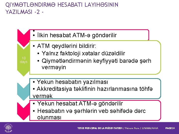 QIYMƏTLƏNDIRMƏ HESABATI LAYIHƏSININ YAZILMASI -2 - • • İlkin hesabat ATM-ə göndərilir 10 days