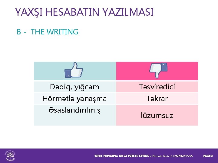 YAXŞI HESABATIN YAZILMASI B - THE WRITING Dəqiq, yığcam Təsviredici Hörmətlə yanaşma Təkrar Əsaslandırılmış