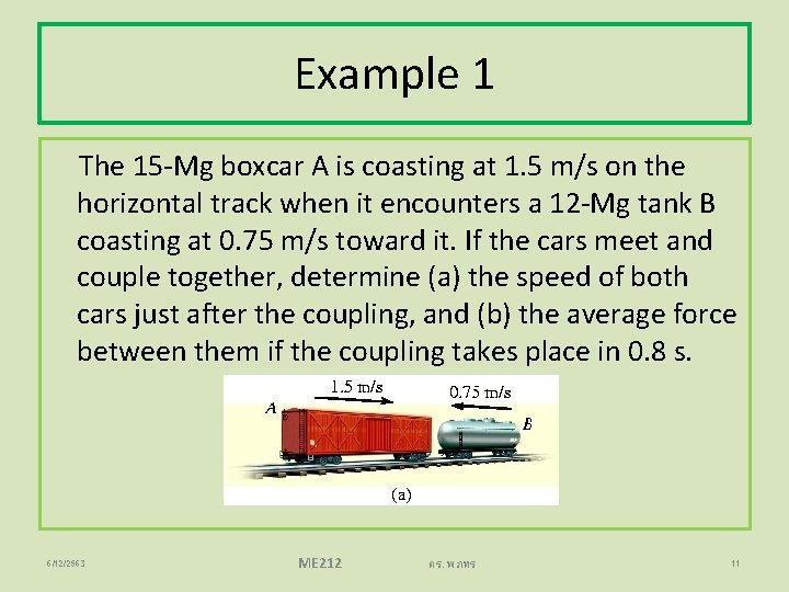 Example 1 The 15 -Mg boxcar A is coasting at 1. 5 m/s on