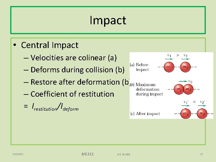 Impact • Central Impact – Velocities are colinear (a) – Deforms during collision (b)