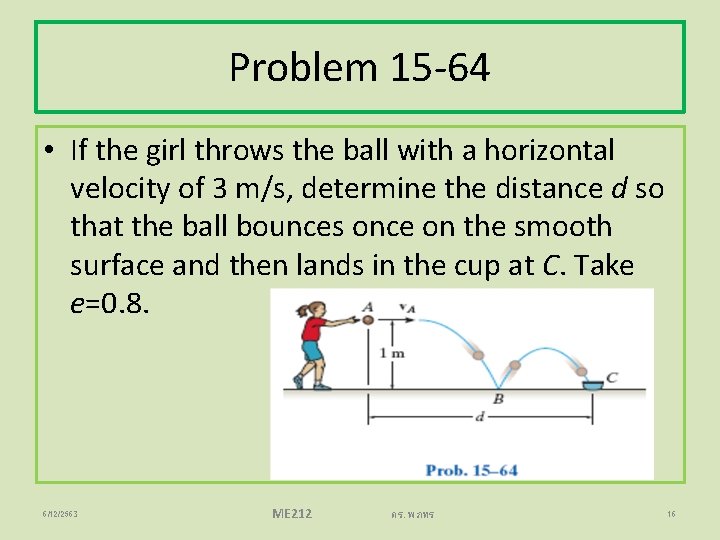 Problem 15 -64 • If the girl throws the ball with a horizontal velocity