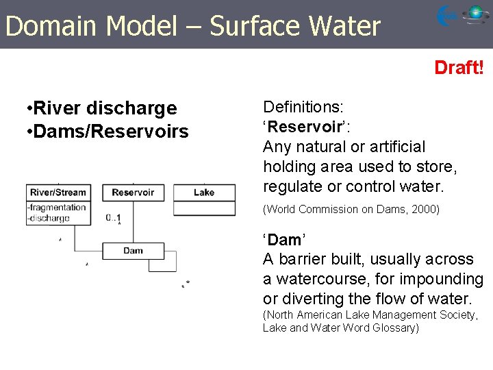 Domain Model – Surface Water Draft! • River discharge • Dams/Reservoirs Definitions: ‘Reservoir’: Any