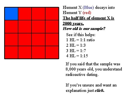 Element X (Blue) decays into Element Y (red) The half life of element X