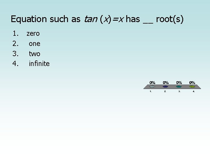 Equation such as tan (x)=x has __ root(s) 1. 2. 3. 4. zero one