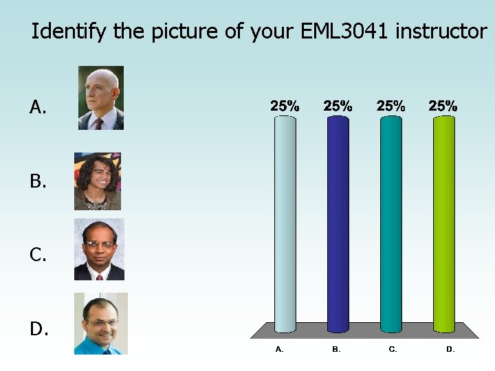 Identify the picture of your EML 3041 instructor A. B. C. D. 
