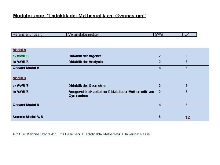 Modulgruppe: "Didaktik der Mathematik am Gymnasium" Veranstaltungsart Veranstaltungstitel SWS LP Modul A a) V/WÜ/S