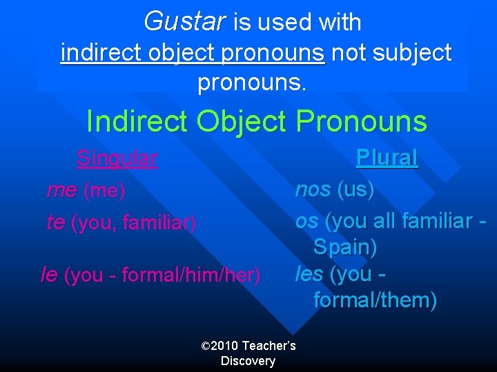 Gustar is used with indirect object pronouns not subject pronouns. Indirect Object Pronouns Singular