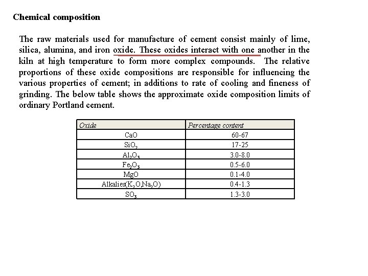 Chemical composition The raw materials used for manufacture of cement consist mainly of lime,