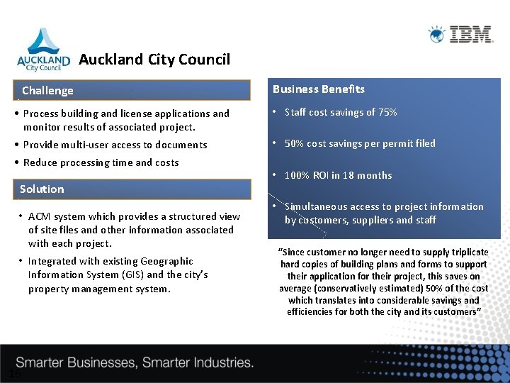 Auckland City Council Challenge Business Benefits • Process building and license applications and monitor