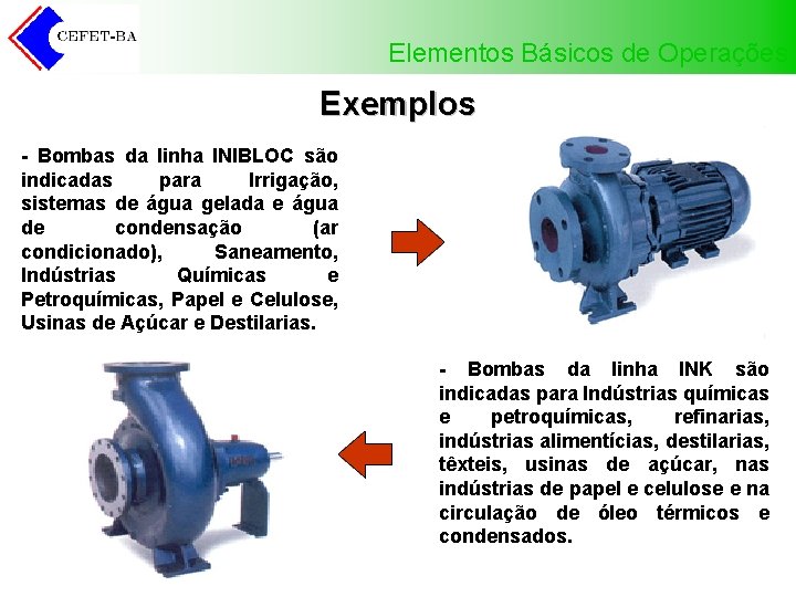 Elementos Básicos de Operações Exemplos - Bombas da linha INIBLOC são indicadas para Irrigação,