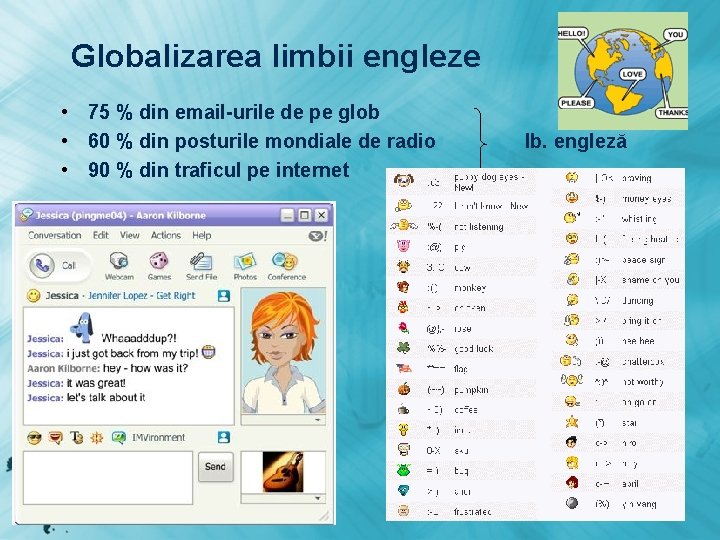 Globalizarea limbii engleze • 75 % din email-urile de pe glob • 60 %