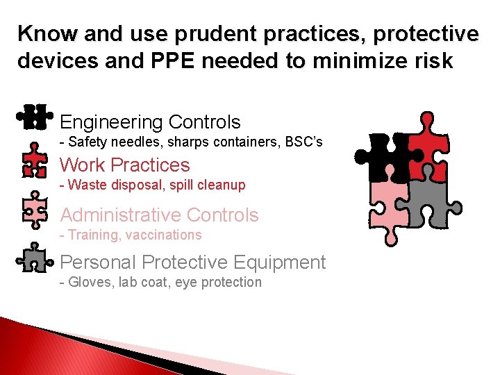 Know and use prudent practices, protective devices and PPE needed to minimize risk Engineering