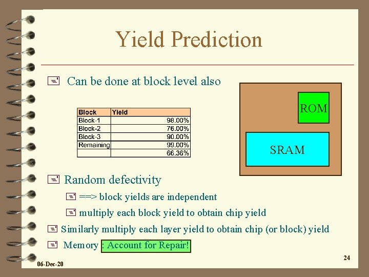 Yield Prediction + Can be done at block level also ROM SRAM + Random