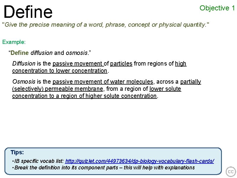 Define Objective 1 "Give the precise meaning of a word, phrase, concept or physical