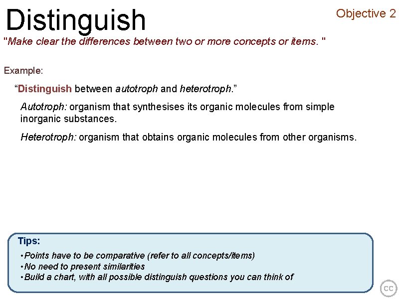 Distinguish Objective 2 "Make clear the differences between two or more concepts or items.