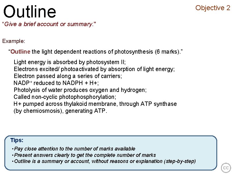 Outline Objective 2 “Give a brief account or summary. " Example: “Outline the light