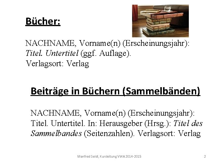 Bücher: NACHNAME, Vorname(n) (Erscheinungsjahr): Titel. Untertitel (ggf. Auflage). Verlagsort: Verlag Beiträge in Büchern (Sammelbänden)