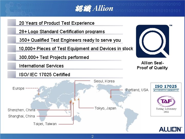 認識 Allion 20 Years of Product Test Experience 28+ Logo Standard Certification programs 350+