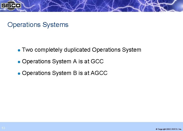 Operations Systems 53 l Two completely duplicated Operations System l Operations System A is