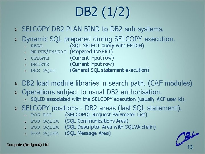 DB 2 (1/2) Ø Ø SELCOPY DB 2 PLAN BIND to DB 2 sub-systems.