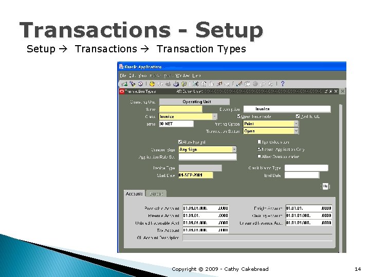 Transactions - Setup Transactions Transaction Types Copyright © 2009 - Cathy Cakebread 14 