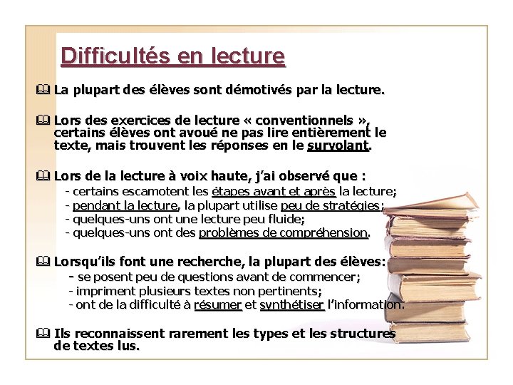 Difficultés en lecture & La plupart des élèves sont démotivés par la lecture. &