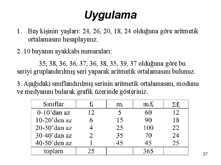 Uygulama 1. Beş kişinin yaşları: 24, 26, 20, 18, 24 olduğuna göre aritmetik ortalamasını