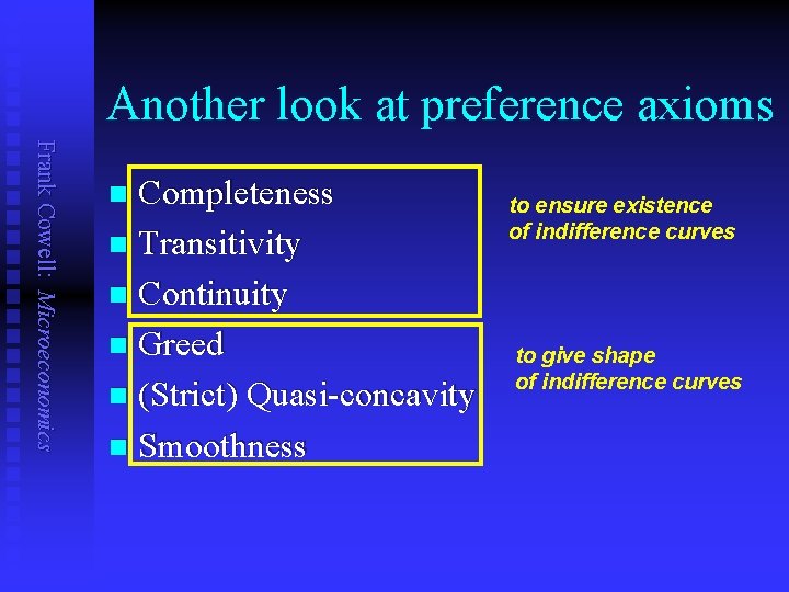 Another look at preference axioms Frank Cowell: Microeconomics Completeness n Transitivity n Continuity n