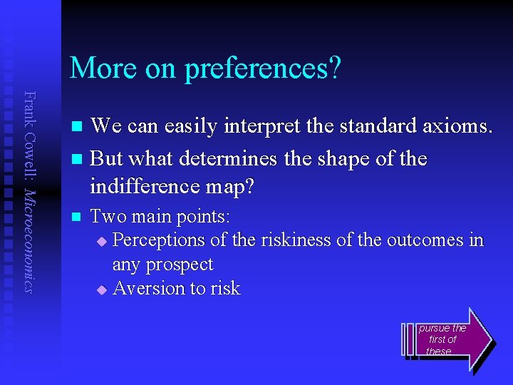 More on preferences? Frank Cowell: Microeconomics We can easily interpret the standard axioms. n