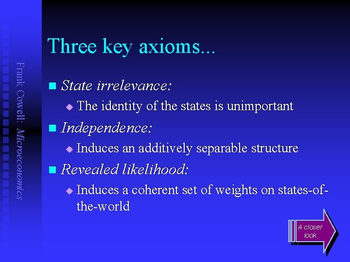 Three key axioms. . . Frank Cowell: Microeconomics n State irrelevance: u n Independence: