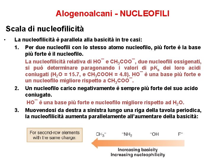 Alogenoalcani - NUCLEOFILI Scala di nucleofilicità • La nucleofilicità è parallela alla basicità in