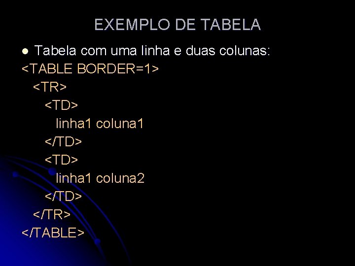EXEMPLO DE TABELA Tabela com uma linha e duas colunas: <TABLE BORDER=1> <TR> <TD>