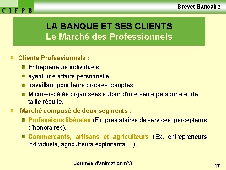  Brevet Bancaire LA BANQUE ET SES CLIENTS Le Marché des Professionnels Clients Professionnels