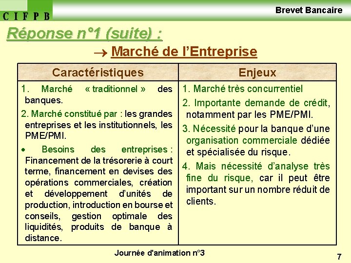  Brevet Bancaire Réponse n° 1 (suite) : Marché de l’Entreprise Caractéristiques Enjeux 1.