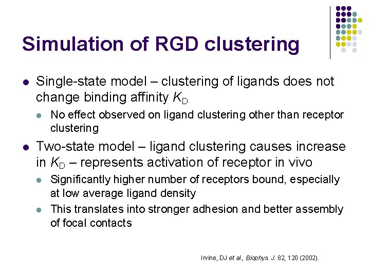 Simulation of RGD clustering l Single-state model – clustering of ligands does not change
