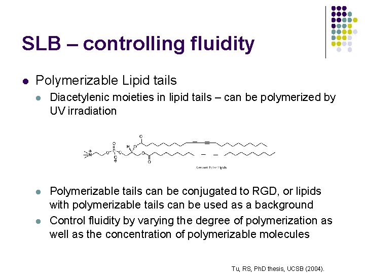 SLB – controlling fluidity l Polymerizable Lipid tails l Diacetylenic moieties in lipid tails